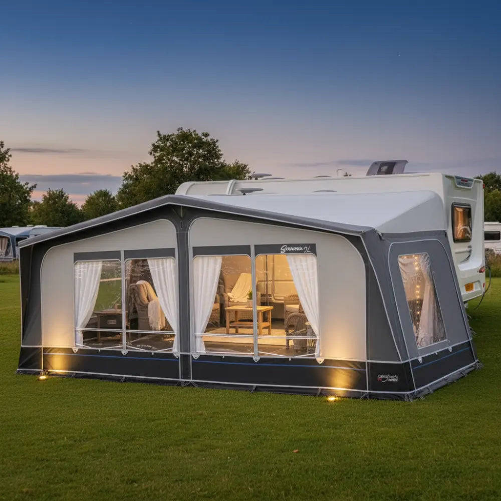 Camptech Savanna DL Seasonal Traditional Full Caravan Awning 2025 Free Storm Straps Free Carpet At Night