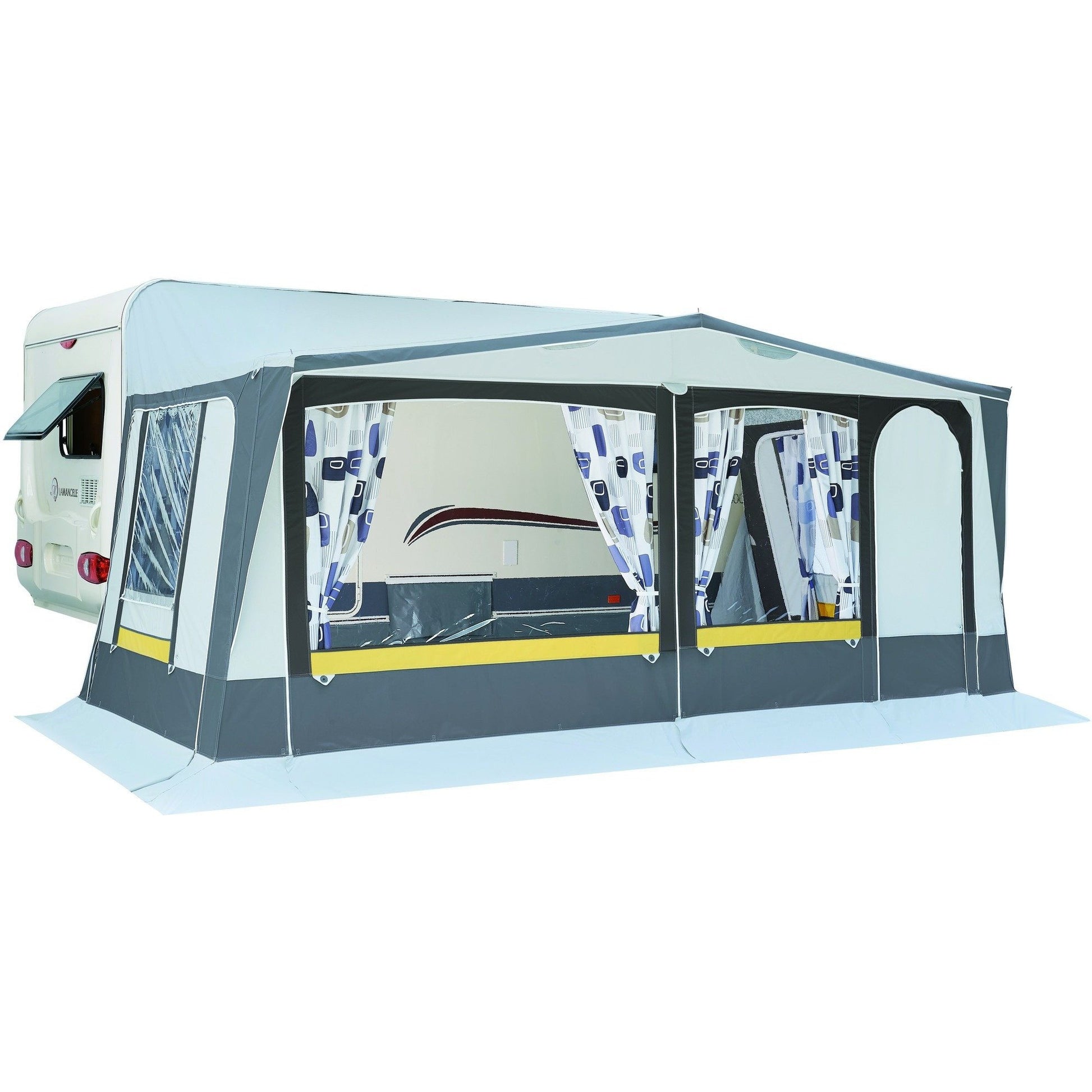 Exterior view of Trigano Adriatic Full Caravan Awning with door to the right